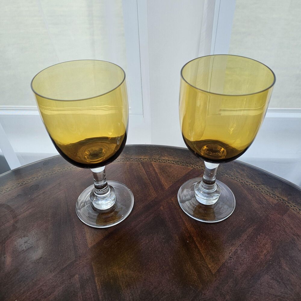 Vintage Amber Stemmed Wine Glasses | MCM | Set of 2